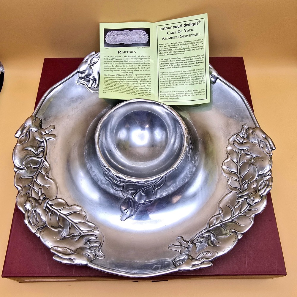 Arthur Court Bunny 14" Round Chip and Dip Server Aluminum Rabbit Platter 10-2024